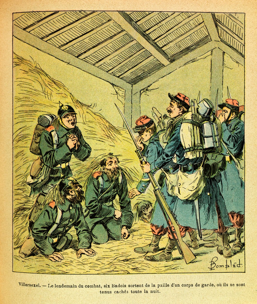 Die Ost-Armee von Eugene Sergeant, illustriert von Louis Bombled: Sechs Badois verlassen das Stroh eines Wachkorps von Louis Charles Bombled