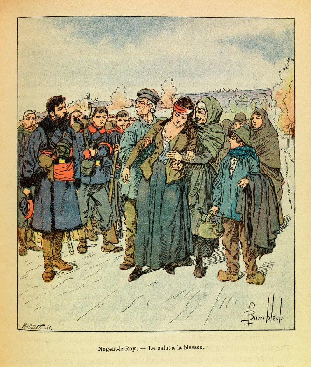 Die Armee des Ostens von Eugene Sergeant, dit Grenest, illustriert von Louis Bombled (Deutsch-Französischer Krieg; Feldzug von 1870-1871): Im Dezember 1870, in Nogent le Roy, die Rettung von Soldaten zu zivilen Verwundeten von Louis Charles Bombled