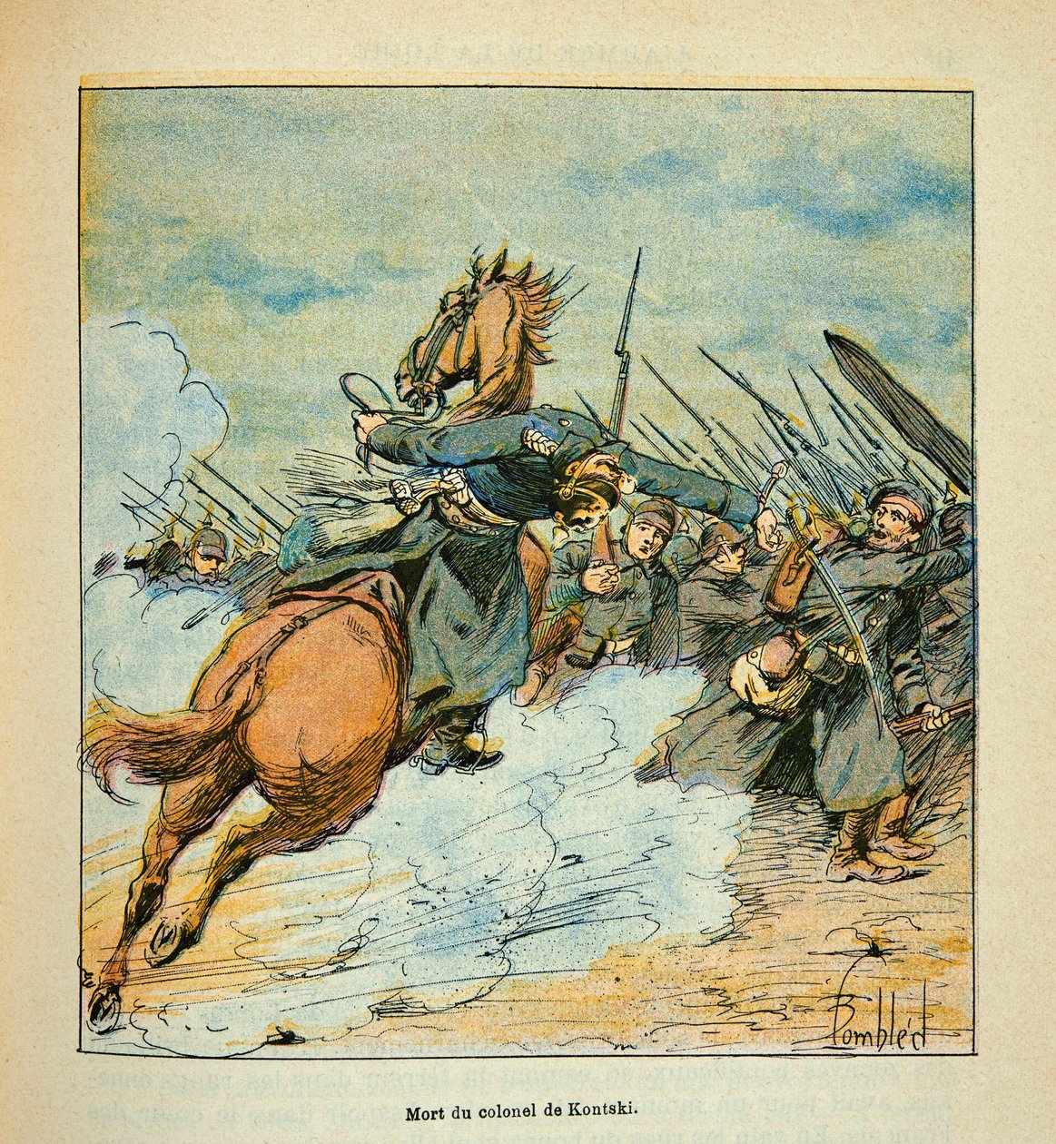 Die Armee der Loire von Eugene Sergent, illustriert von Louis Bombled (Deutsch-Französischer Krieg; Feldzug von 1870-1871): Während der Kämpfe von Poupry im Dezember 1870, Tod des preußischen Oberst Kontski, Privatsammlung von Louis Charles Bombled