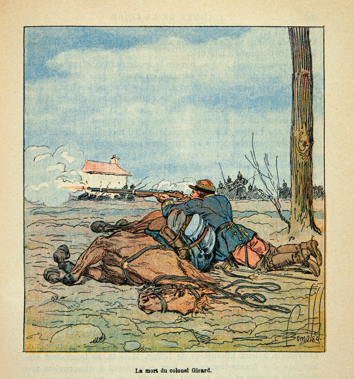 Die Armee der Loire von Eugene Sergent, illustriert von Louis Bombled (Deutsch-Französischer Krieg; Feldzug von 1870-1871): Tod von Oberst Girard während der Kämpfe von Neuville aux Bois im November 1870, Privatsammlung von Louis Charles Bombled