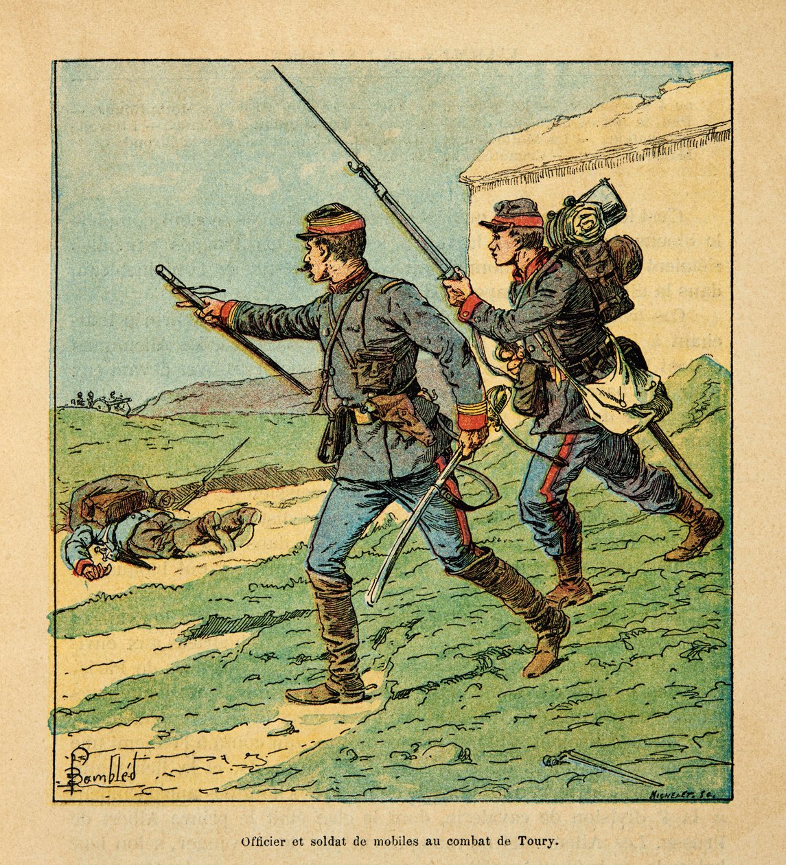 Die Armee der Loire von Eugene Sergent, genannt Grenest, illustriert von Louis Bombled (1862-1927) (Deutsch-Französischer Krieg; Feldzug von 1870-1871): Offizier und Mobiler des Cher in der Schlacht von Toury (Eure-et-Loire) am 5. Oktober 1870, Privatbesit von Louis Charles Bombled