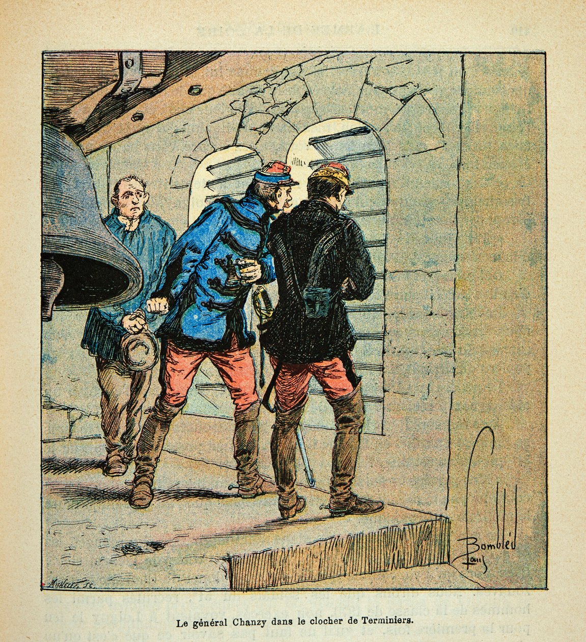 Die Armee der Loire von Eugene Sergent, illustriert von Louis Bombled (Deutsch-Französischer Krieg; Feldzug von 1870-1871): General Chanzy im Glockenturm von Terminiers während der Schlacht von Loigny im Dezember 1870 von Louis Charles Bombled