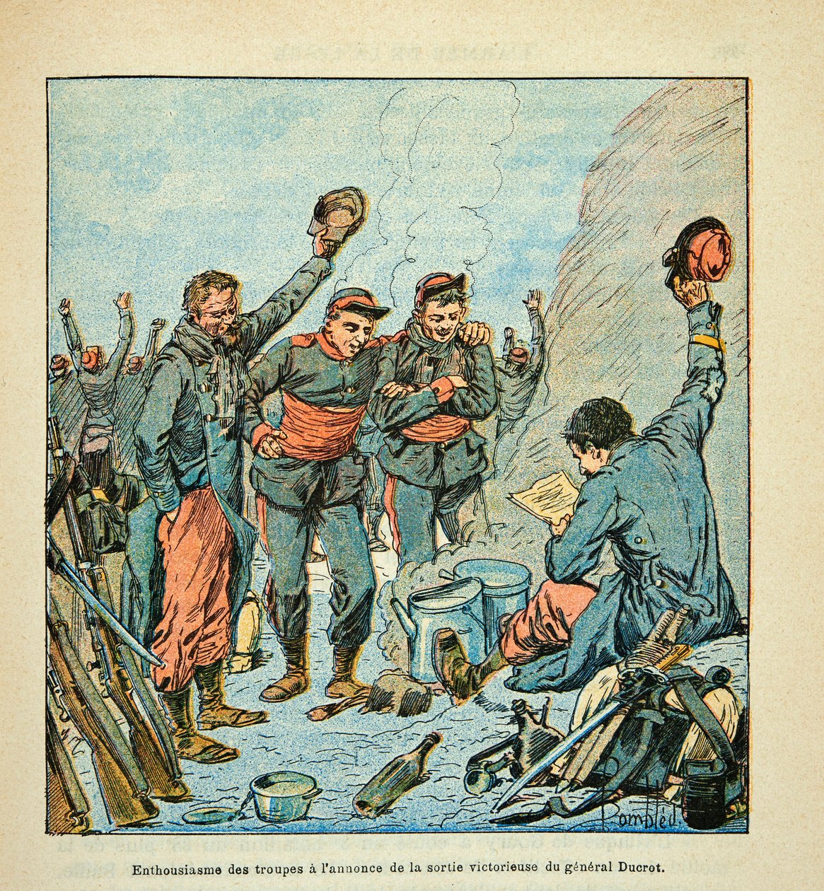 Die Armee der Loire von Eugene Sergent, illustriert von Louis Bombled (Deutsch-Französischer Krieg; Feldzug von 1870-1871): Die Soldaten der Armee der Loire begeistert über den siegreichen Auszug von General Ducrot von Louis Charles Bombled