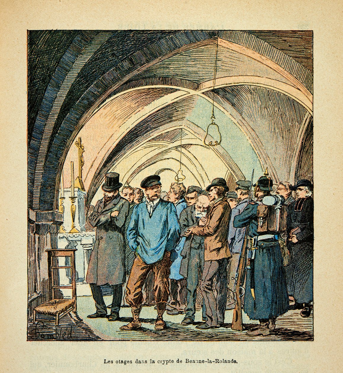 Die Armee der Loire von Eugene Sergent, illustriert von Louis Bombled (Deutsch-Französischer Krieg; Feldzug von 1870-1871): Französische Geiseln in der Krypta von Beaune La Rolande während der Kämpfe am 28. November 1870 von Louis Charles Bombled