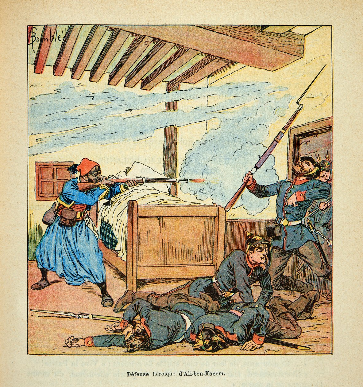Die Armee der Loire von Eugene Sergent, illustriert von Louis Bombled (Deutsch-Französischer Krieg; Feldzug von 1870-1871): Heroische Verteidigung des Turco Ali ben Kacem des 3. Regiments der Tirailleurs während der Kämpfe von Juranville im November von Louis Charles Bombled