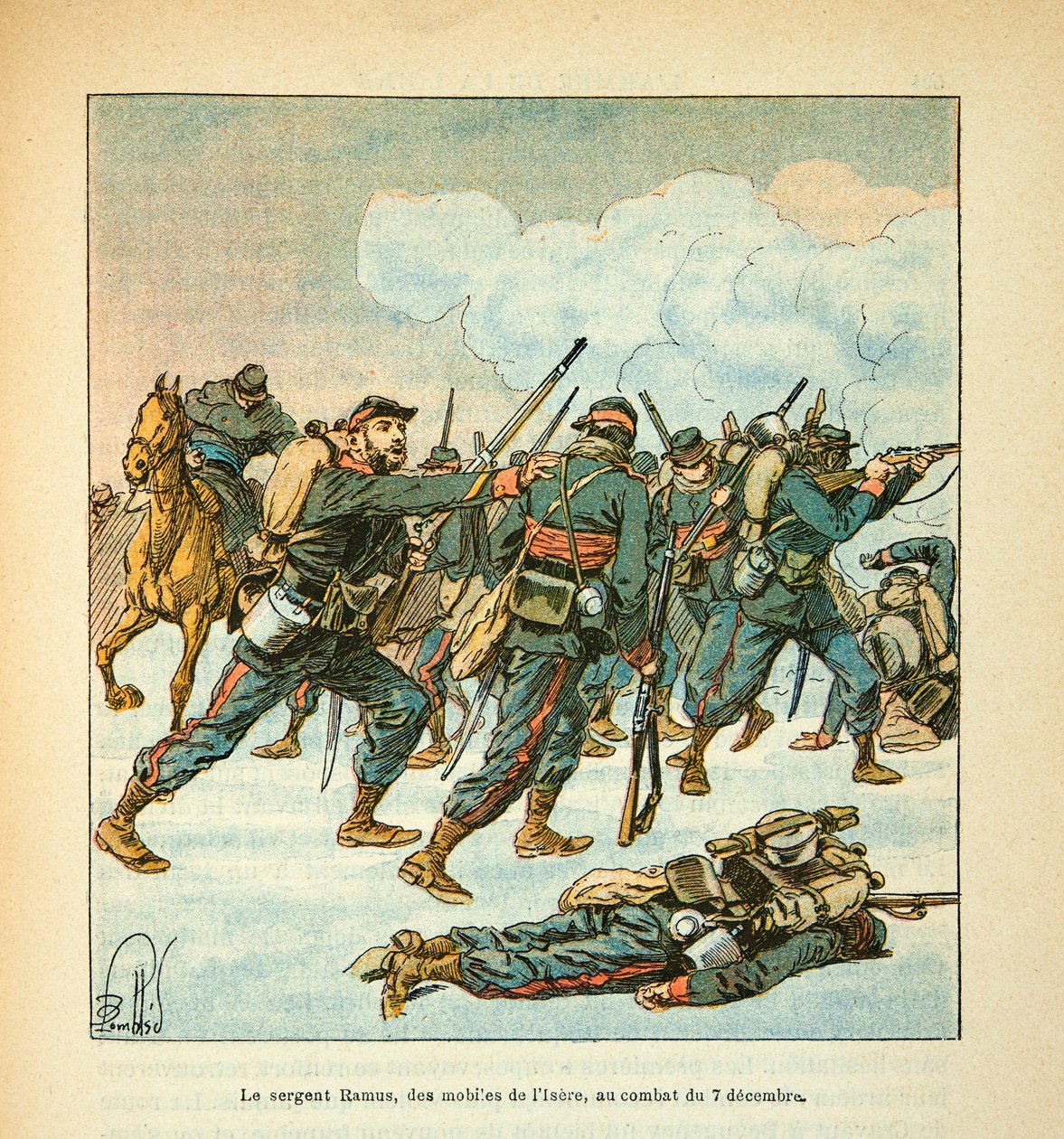 Die Armee der Loire von Eugene Sergeant, bekannt als Grenest, illustriert von Louis Bombled (Deutsch-Französischer Krieg; Feldzug von 1870-1871): Sergeant Ramus von der Mobilen von Isere in der Schlacht am 7. Dezember von Louis Charles Bombled