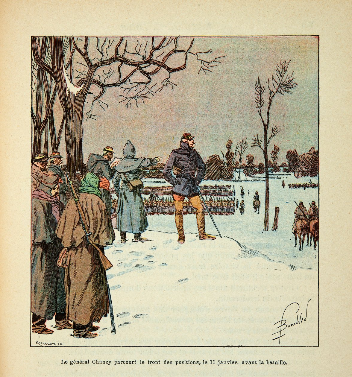 Die Armee der Loire von Eugene Sergent, genannt Grenest, illustriert von Louis Bombled (1862-1927) (Deutsch-Französischer Krieg; Feldzug von 1870-1871): General Chanzy inspiziert die Front der Stellungen am 11. Januar vor der Schlacht, Privatbesitz von Louis Charles Bombled