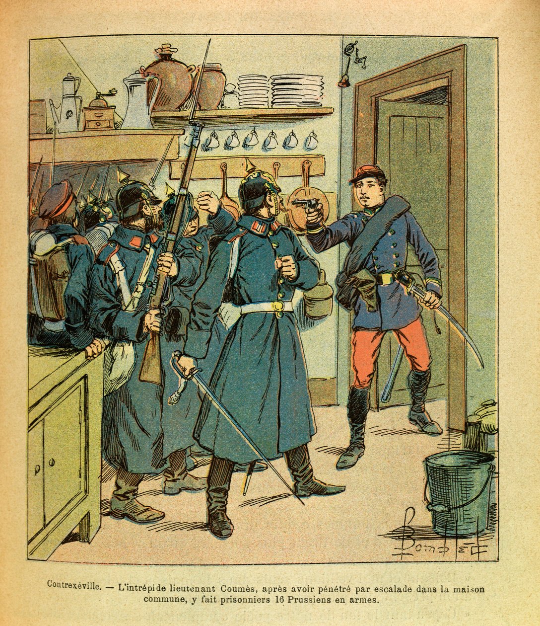 Die östliche Armee von Eugene Sergeant, genannt Grenest, illustriert von Louis Bombled (1862-1927) (Deutsch-Französischer Krieg; Feldzug von 1870-1871): In Contrexeville nahm der unerschrockene Leutnant Coumes nach dem Klettern ins Gemeindehaus 16 Preußen  von Louis Charles Bombled