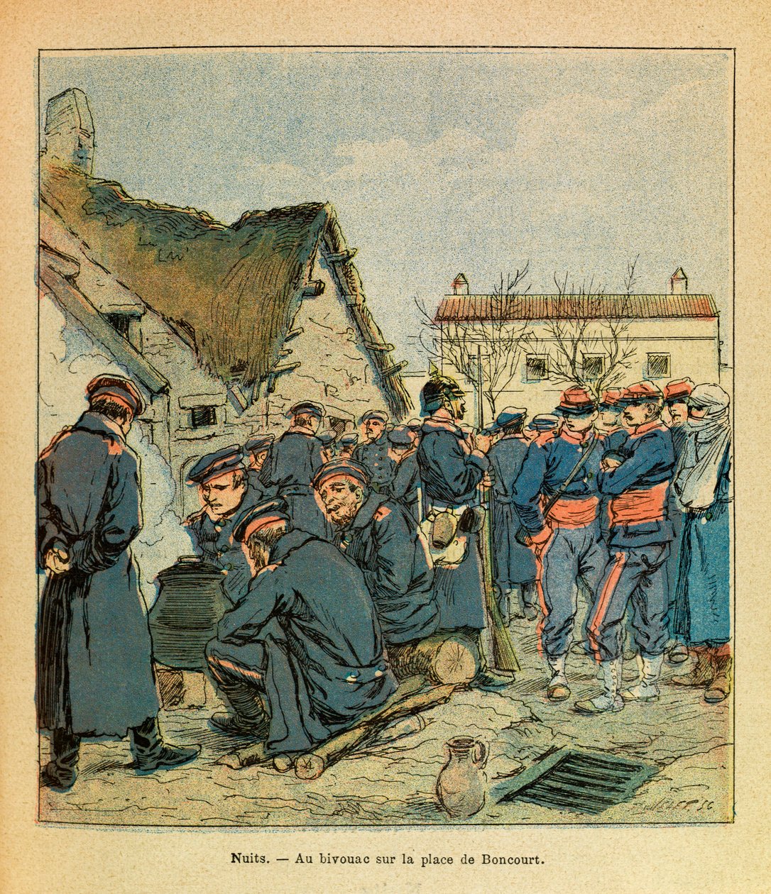 Die östliche Armee von Eugene Sergeant, genannt Grenest, illustriert von Louis Bombled (1862-1927) (Französisch-Deutscher Krieg; Feldzug von 1870-1871): Schlacht von Nuits-Saint-Georges, deutsches Biwak auf dem Place de Boncourt mit französischen Gefangene von Louis Charles Bombled