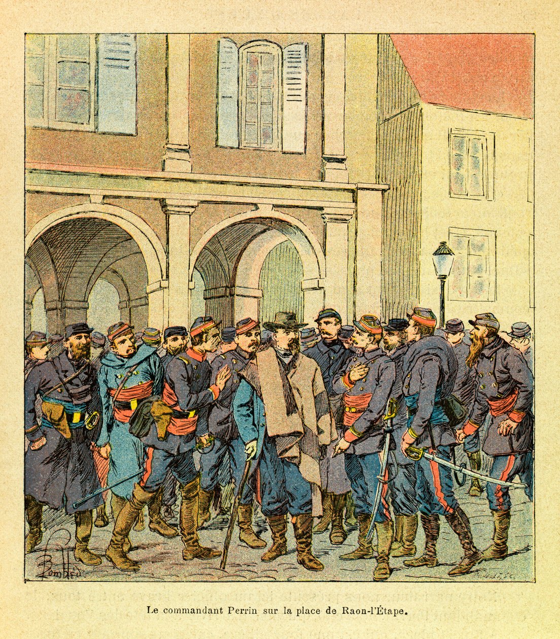 Die Ostarmee von Eugene Sergeant, bekannt als Grenest, illustriert von Louis Bombled (1862-1927) (Deutsch-Französischer Krieg; Feldzug von 1870-1871): Kommandant Perrin auf dem Place de Raon-l
