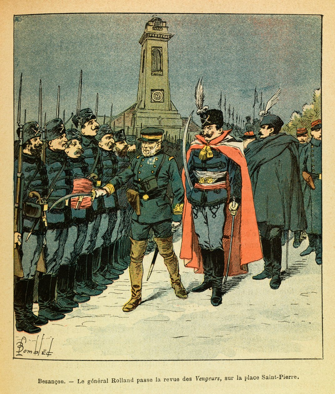 Die Armee des Ostens von Eugene Sergeant, bekannt als Grenest, illustriert von Louis Bombled (Deutsch-Französischer Krieg; Feldzug von 1870-1871): In Besancon überprüft General Rolland die von Malicki beauftragte „Avengers“-Kompanie von Louis Charles Bombled