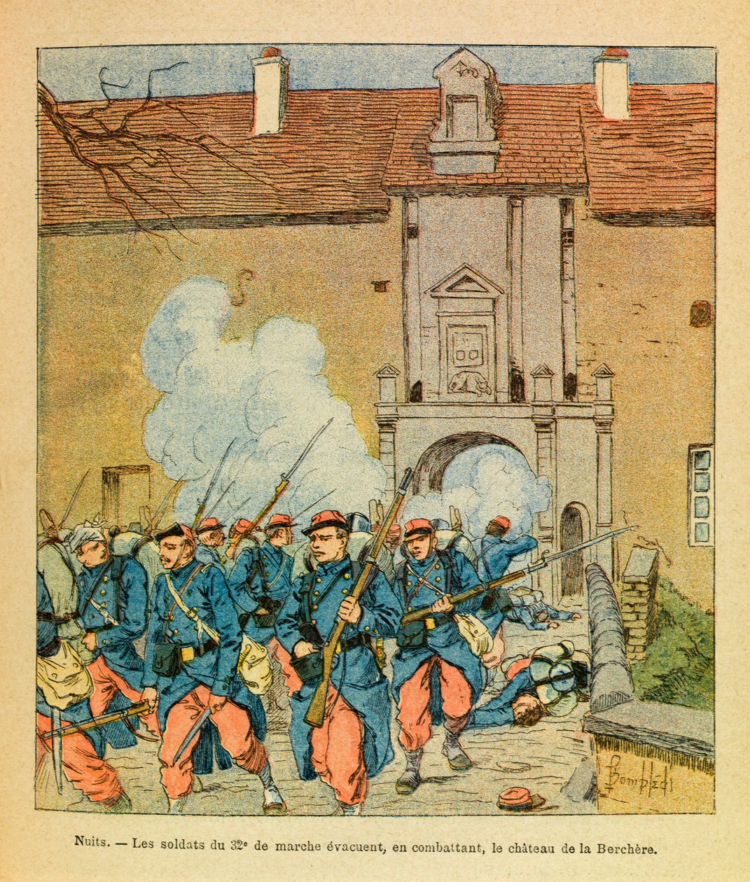 Die östliche Armee von Eugene Sergeant, bekannt als Grenest, illustriert von Louis Bombled (1862-1927) (Französisch-Deutscher Krieg; Feldzug von 1870-1871): Schlacht von Nacht Saint Georges; die Soldaten der 32. Marschbrigade evakuieren kämpfend das Schlos von Louis Charles Bombled