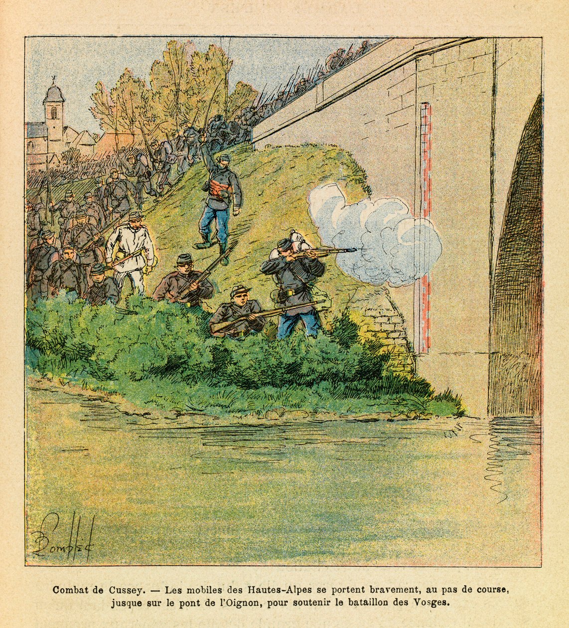 Die Ost-Armee von Eugene Sergeant, illustriert von Louis Bombled: Die Mobilen der Hautes Alpes helfen dem Bataillon der Vogesen von Louis Charles Bombled
