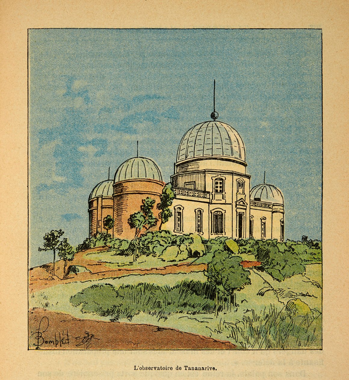 Der Krieg in Madagaskar - Anekdotische Geschichte der französischen Expeditionen von 1885-1895 von Henri Galli, genannt Galllichet (1854-1922), illustriert von Louis Bombled (1862-1927): Das Observatorium von Tananarive im Jahr 1895, Privatsammlung von Louis Charles Bombled