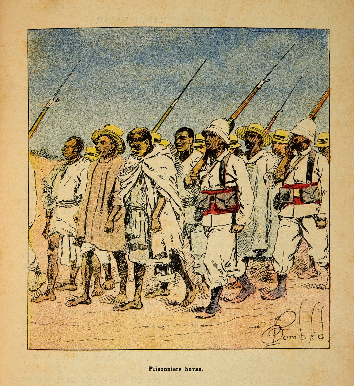 Der Krieg in Madagaskar - Anekdotische Geschichte der französischen Expeditionen von 1885-1895 von Henri Galli dit Galllichet (1854-1922), illustriert von Louis Bombled (1862-1927): Hovas-Gefangene im Jahr 1895, Private Sammlung von Louis Charles Bombled