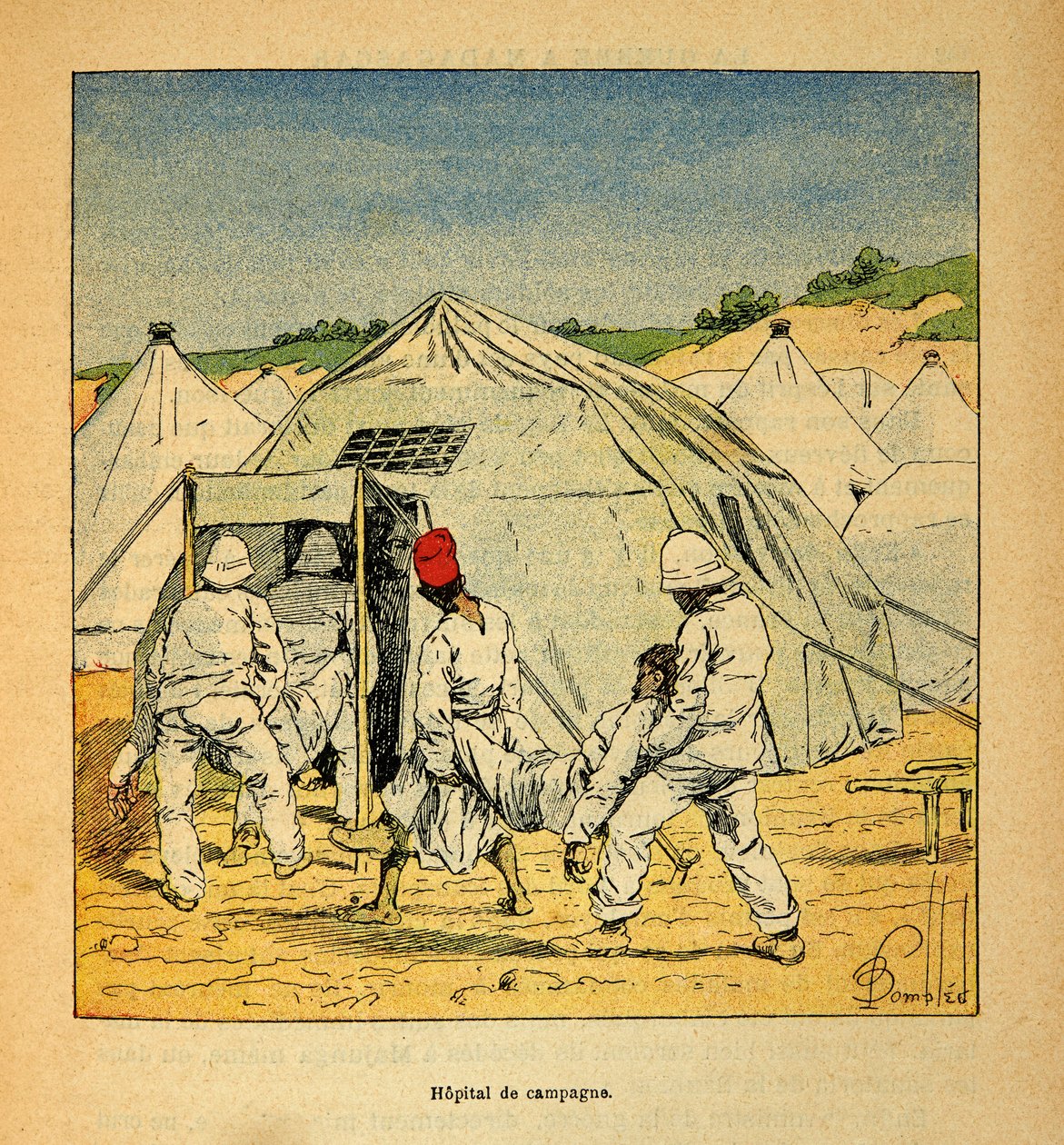 Der Krieg in Madagaskar - Anekdotische Geschichte der französischen Expeditionen von 1885-1895 von Henri Galli dit Galllichet (1854-1922), illustriert von Louis Bombled (1862-1927): Militärisches Feldlazarett in Madagaskar im Jahr 1895, Private Sammlung von Louis Charles Bombled