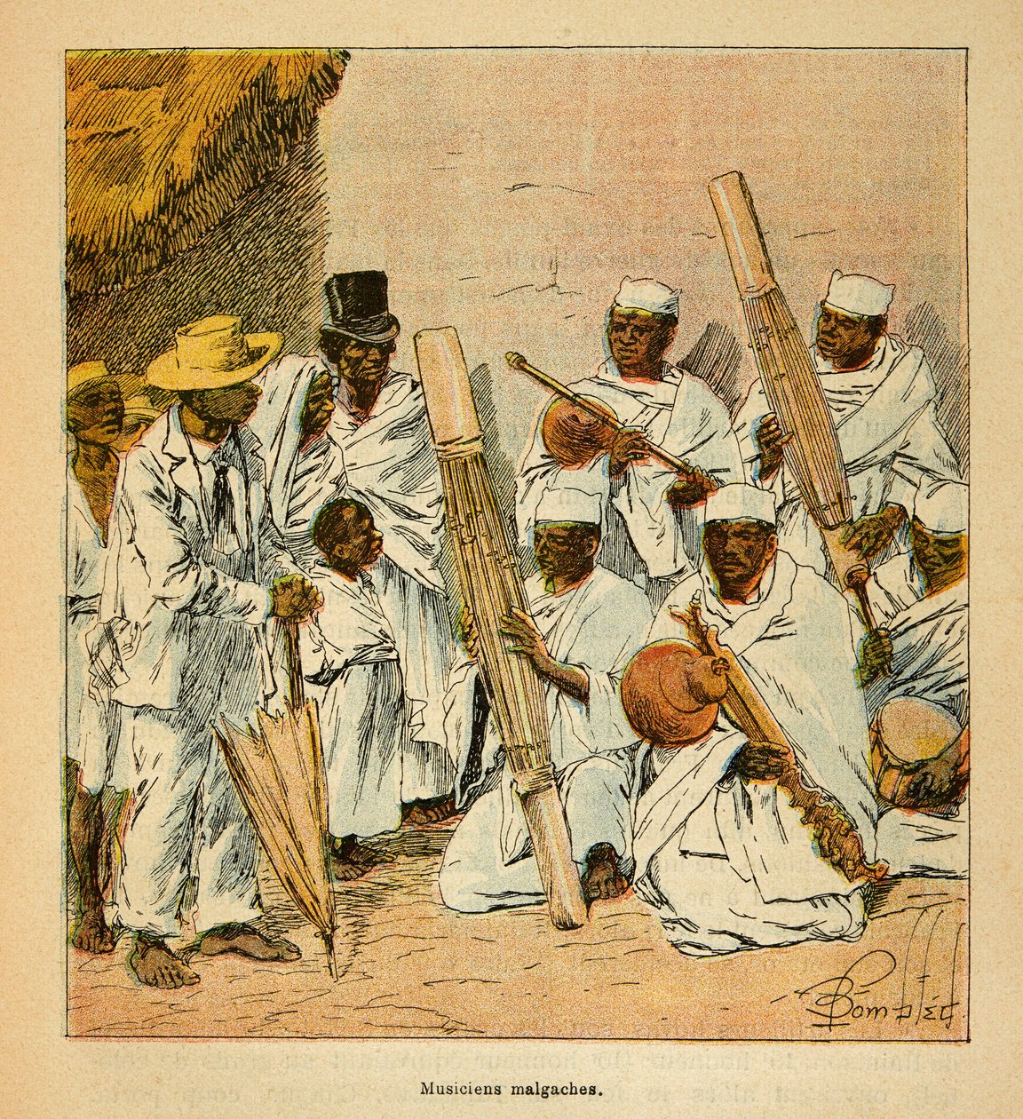 Der Krieg in Madagaskar - Anekdotische Geschichte der französischen Expeditionen von 1885-1895 von Henri Galli dit Galllichet, illustriert von Louis Bombled: Madagassische Musiker im 19. Jahrhundert von Louis Charles Bombled