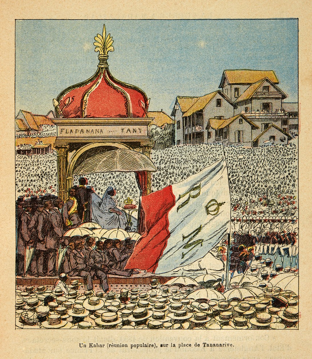 Der Krieg in Madagaskar - Anekdotische Geschichte der französischen Expeditionen von 1885-1895 von Henri Galli dit Galllichet, illustriert von Louis Bombled: Ein Kabar (Volksversammlung) auf dem Platz von Tananarive im 19. Jahrhundert in Anwesenheit des Kö von Louis Charles Bombled