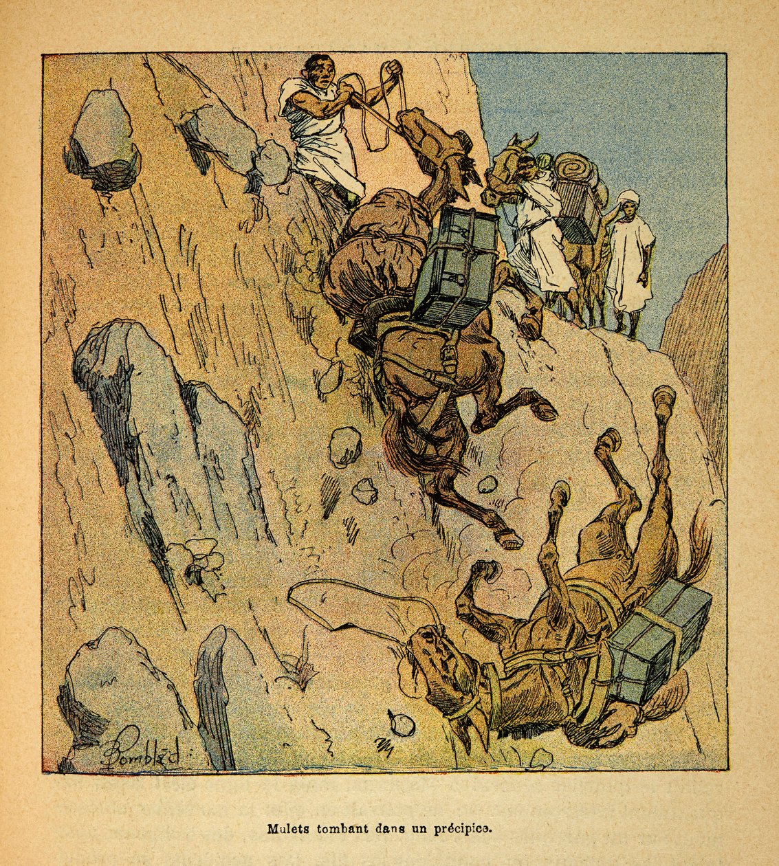 Der Krieg in Madagaskar - Anekdotische Geschichte der französischen Expeditionen von 1885-1895 von Henri Galli, illustriert von Louis Bombled: Maultiere eines Militärkonvois stürzen in einen Abgrund von Louis Charles Bombled