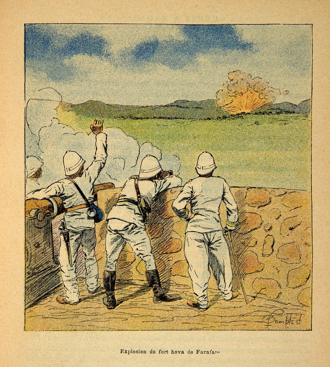 Der Krieg in Madagaskar - Anekdotische Geschichte der französischen Expeditionen von 1885-1895: Explosion des Fort Hova in Farafate 1895 von Louis Charles Bombled