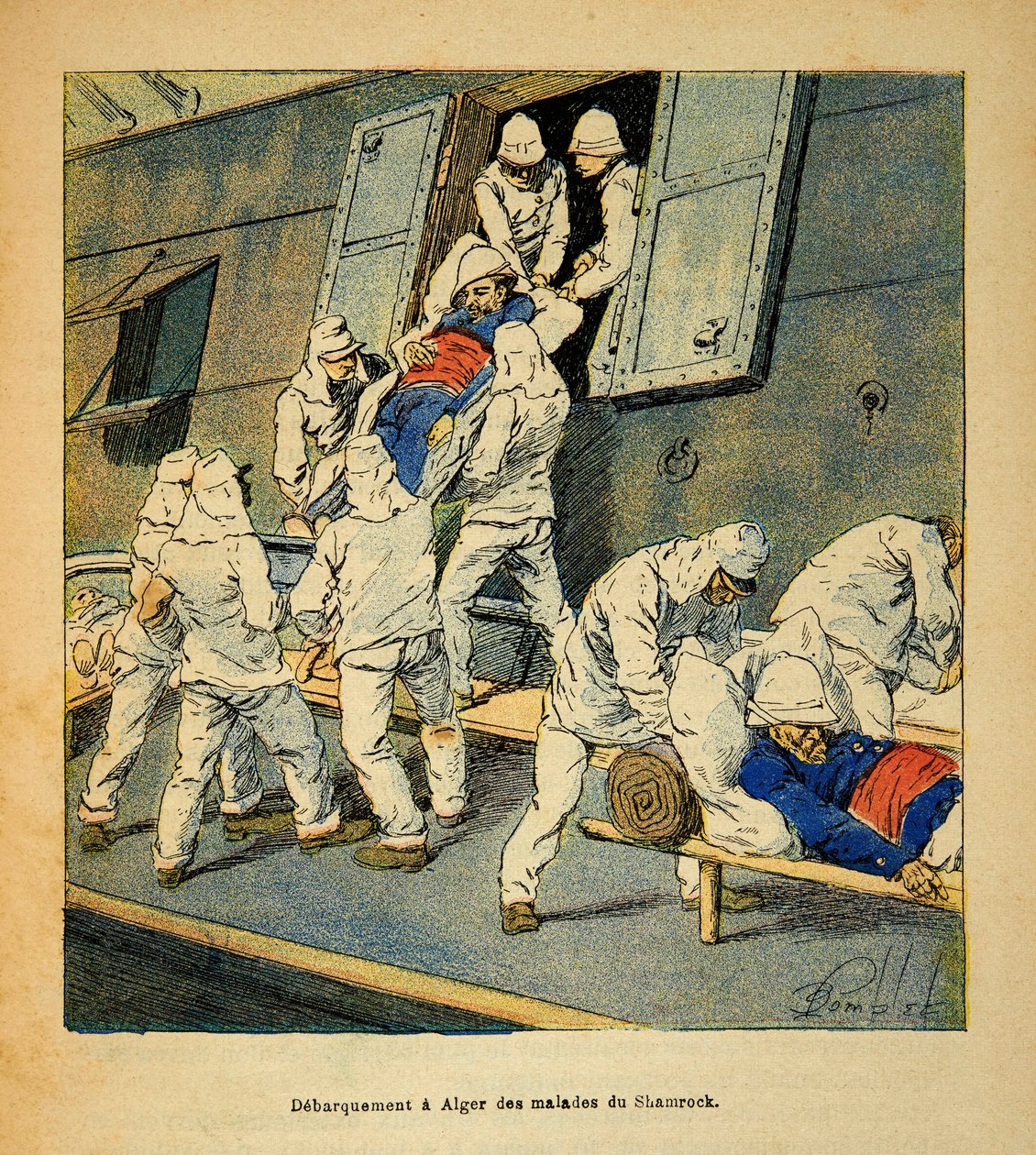 Der Krieg in Madagaskar - Anekdotische Geschichte der französischen Expeditionen von 1885-1895: Ausschiffung in Algier 1895 der kranken Truppen des Hospitalschiffs Shamrock aus Madagaskar von Louis Charles Bombled