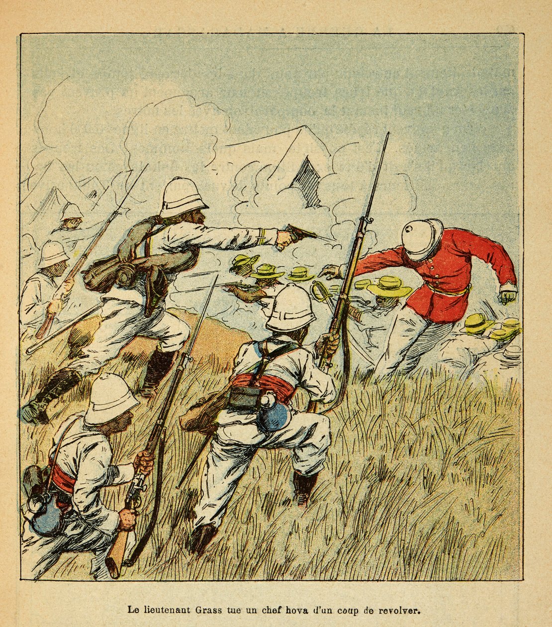 Der Krieg in Madagaskar - Anekdotische Geschichte der französischen Expeditionen von 1885-1895: Leutnant Grss tötet einen Hova-Häuptling während der Schlachten von Tsarasaotra 1895 von Louis Charles Bombled