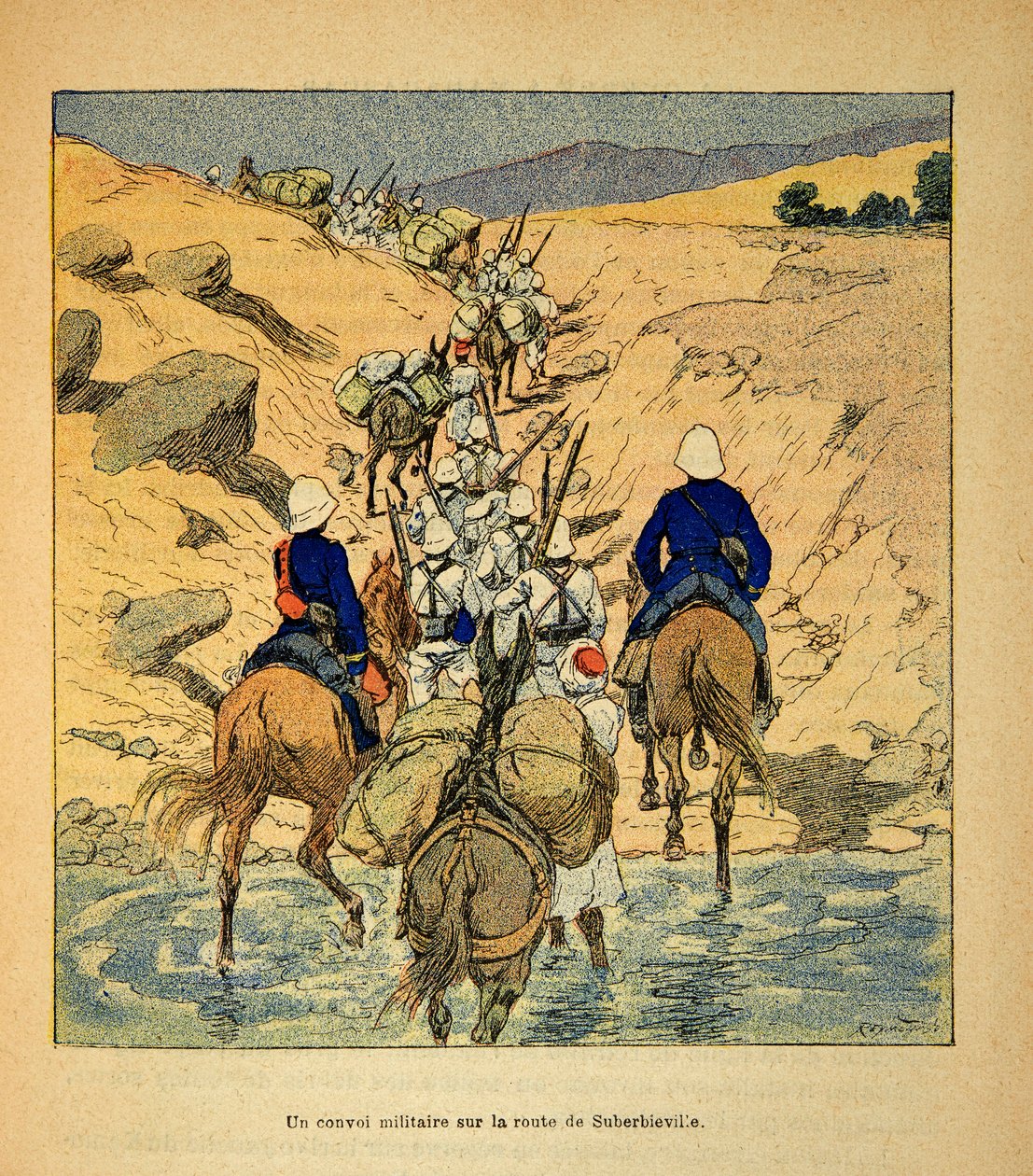 Der Krieg in Madagaskar - Anekdotische Geschichte der französischen Expeditionen von 1885-1895 von Henri Galli dit Galllichet, illustriert von Louis Bombled: Ein Militärkonvoi auf dem Weg nach Suberbieville 1895 von Louis Charles Bombled