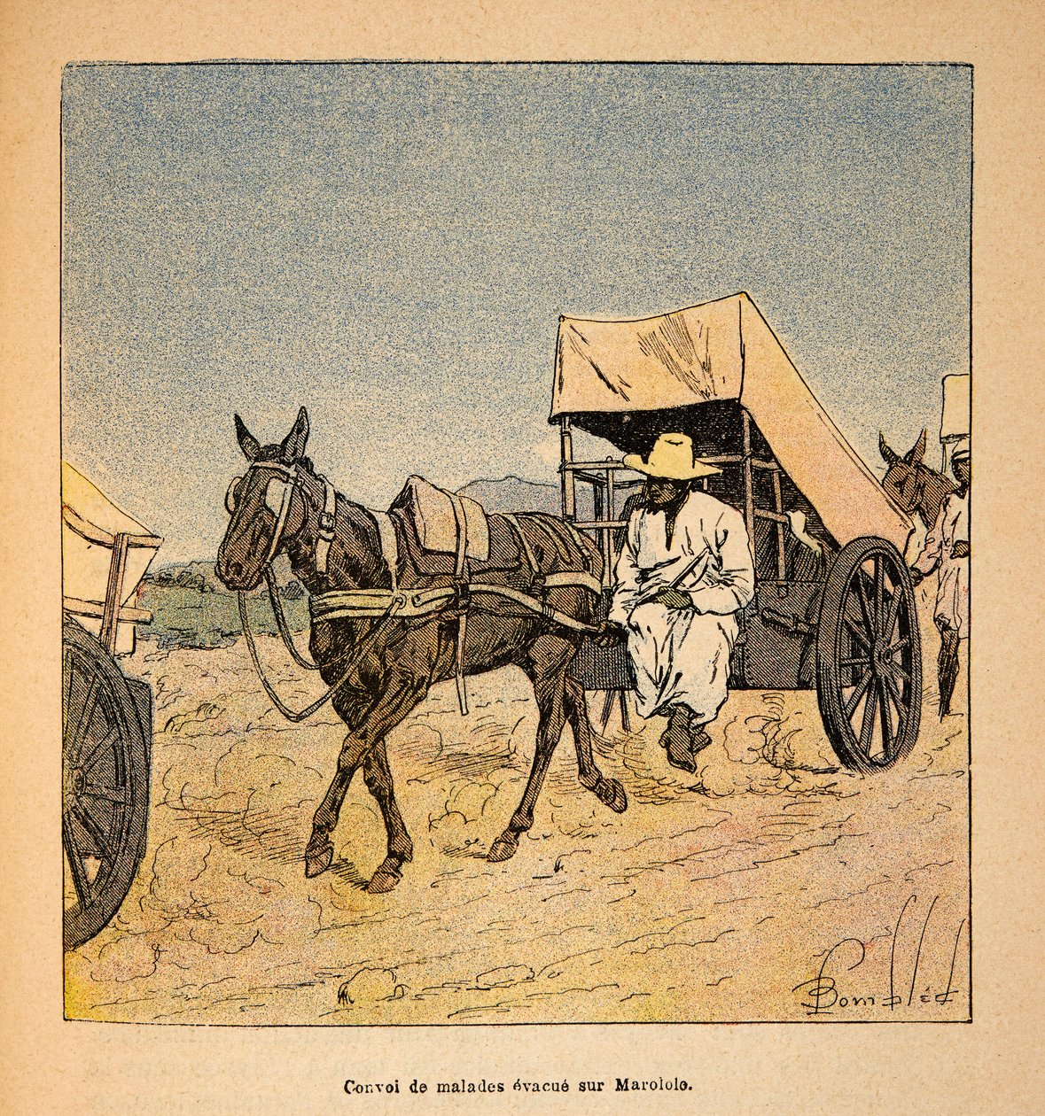 Der Krieg in Madagaskar - Anekdotische Geschichte der französischen Expeditionen von 1885-1895 von Henri Galli, illustriert von Louis Bombled: Konvoi von Kranken auf Marololo von Louis Charles Bombled