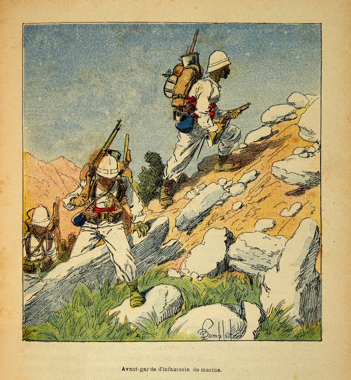 Der Krieg in Madagaskar - Anekdotische Geschichte der französischen Expeditionen von 1885-1895 von Henri Galli, illustriert von Louis Bombled: Vorhut der Infanterie in Madagaskar, 1895 von Louis Charles Bombled