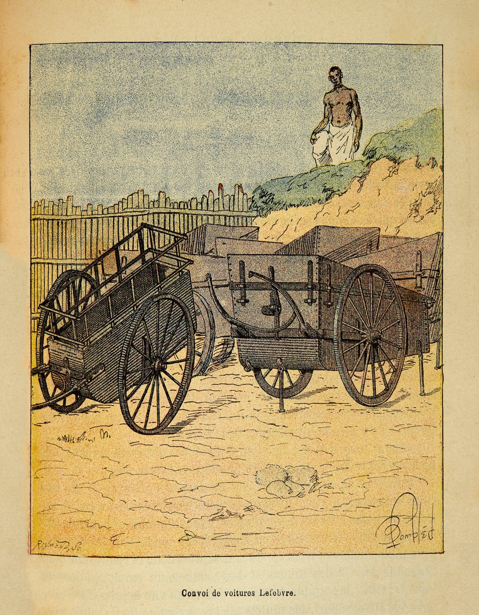 Der Krieg in Madagaskar - Anekdotische Geschichte der französischen Expeditionen von 1885-1895 von Henri Galli dit Galllichet, illustriert von Louis Bombled: Konvoi von Lefebvre-Autos zur Versorgung der Truppen von Louis Charles Bombled