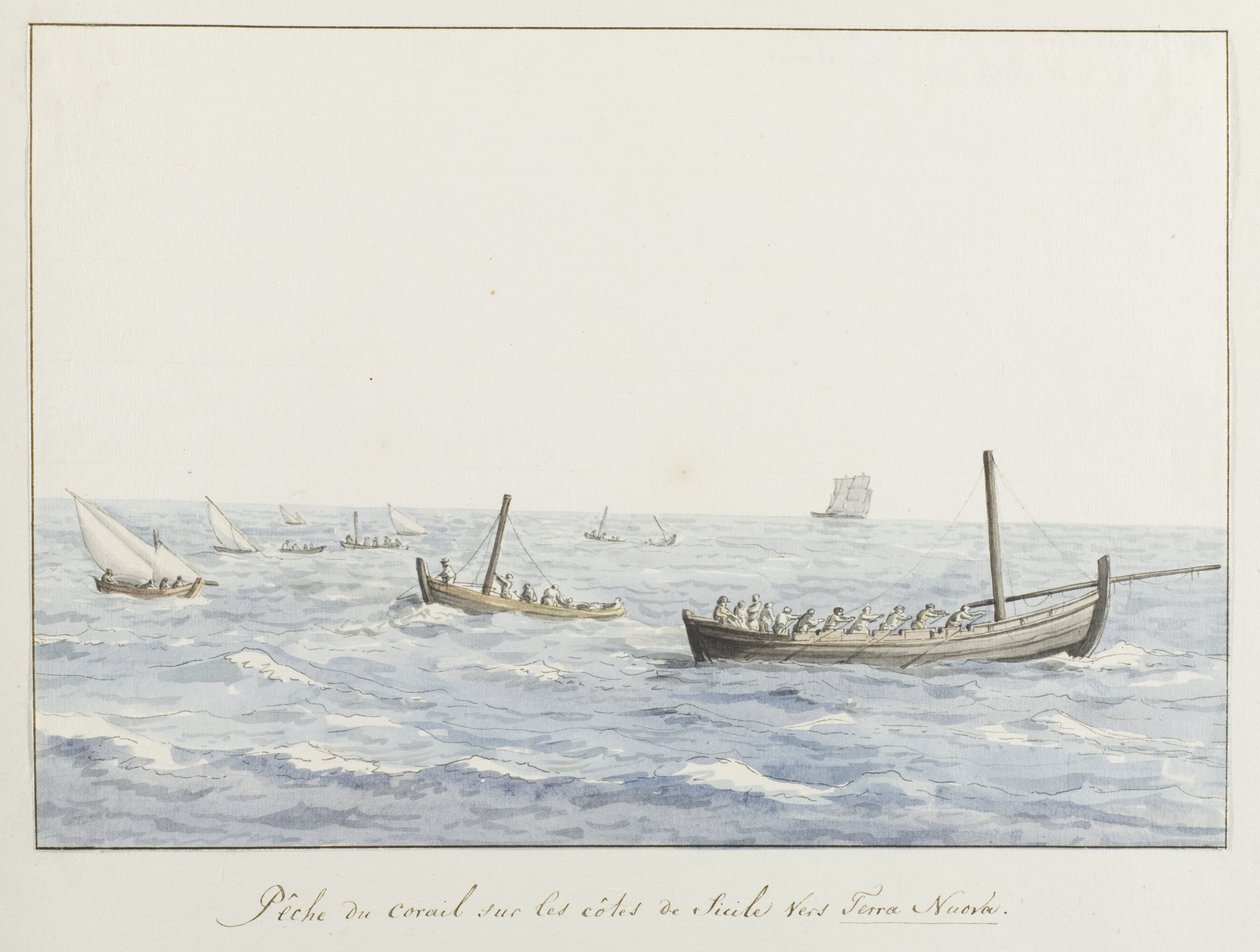 Koraalfischer vor der Küste von Sizilien bei Terra Nuova von Louis Ducros