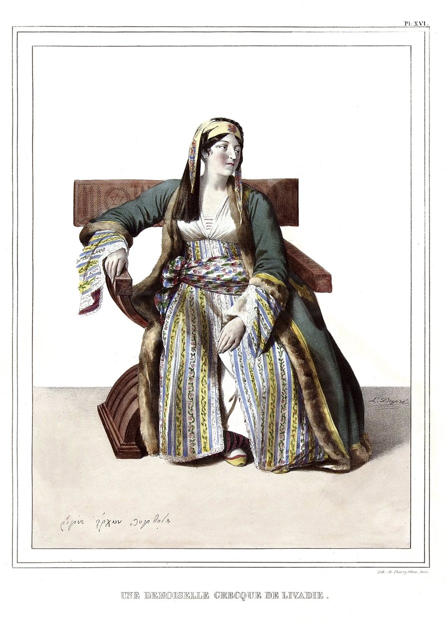 Eine griechische Dame aus Livadie. in „Reise nach Athen und Konstantinopel, oder Sammlung griechischer und osmanischer Porträts, Ansichten und Kostüme, vor Ort nach der Natur gemalt, lithografiert und koloriert von Louis Dupre (1789-1837), Schüler von Dav von Louis Dupré