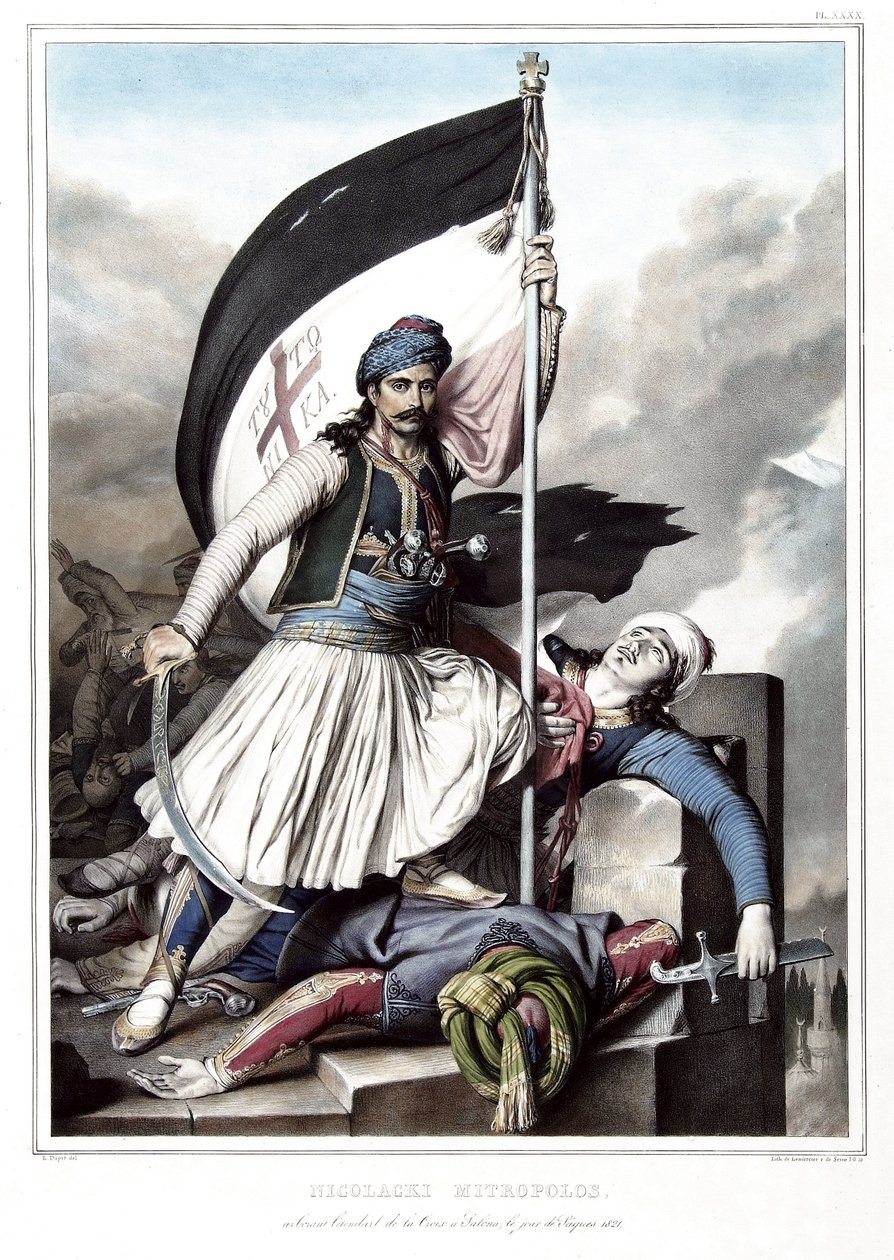 Nikolacki Nitropolos, der das Kreuzbanner an der Festung von Salona trug, die am Ostersonntag 1821 vom Osmanischen Reich erobert wurde. in „Reise nach Athen und Konstantinopel, oder Sammlung griechischer und osmanischer Porträts, Ansichten und Kostüme, nac von Louis Dupré