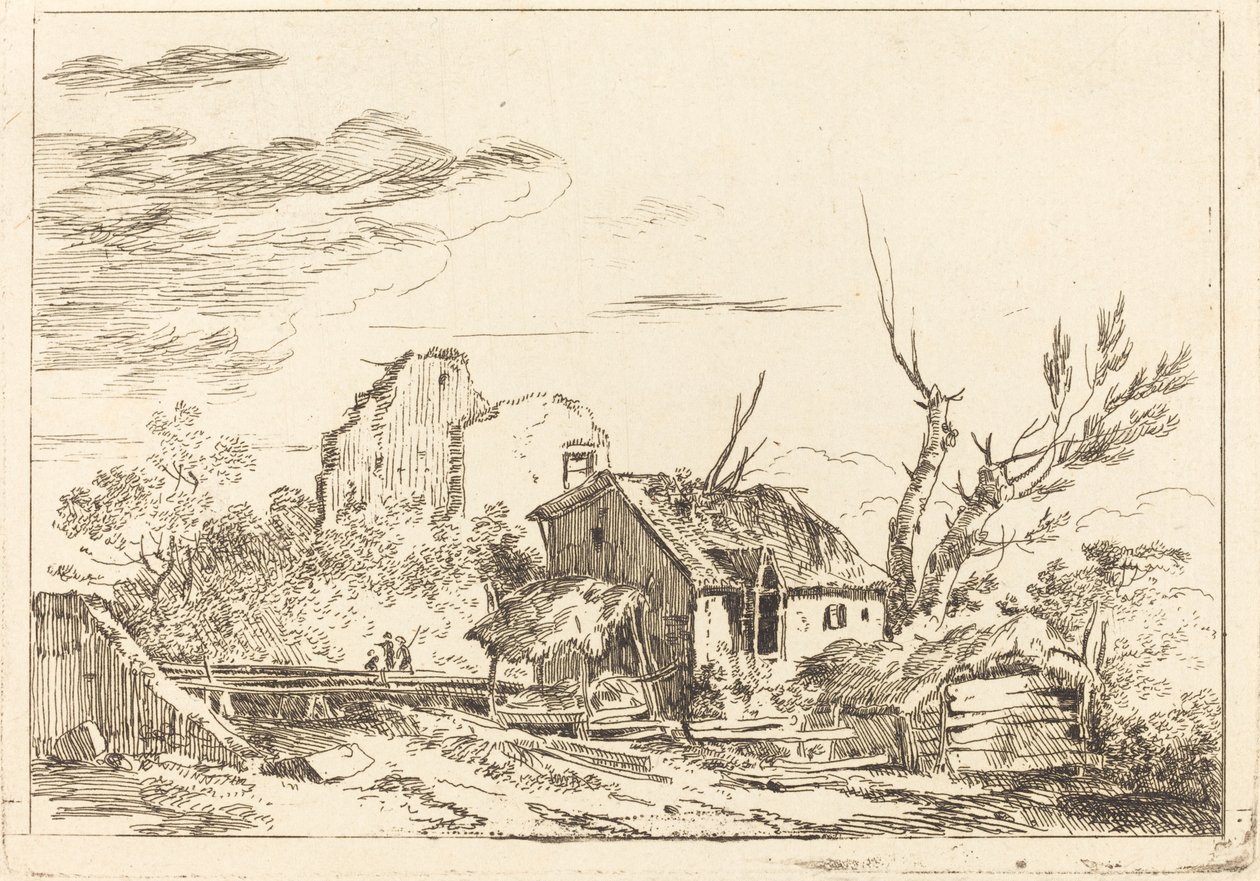 Hütte an der Brücke von Louis Gabriel Moreau the Elder
