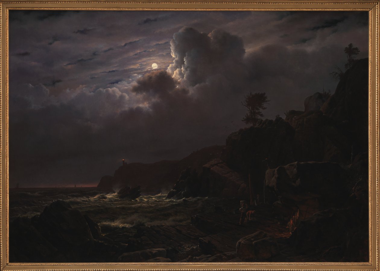 Ansicht von Kullen in Schweden. Schmuggler verstecken ihre Waren zwischen den Felsen. Mondlicht von Louis Gurlitt