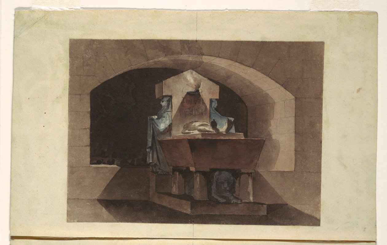 Grabmal im ägyptischen Stil mit Karyatiden und einem Löwen, ca. 1779–84 von Louis Jean Desprez