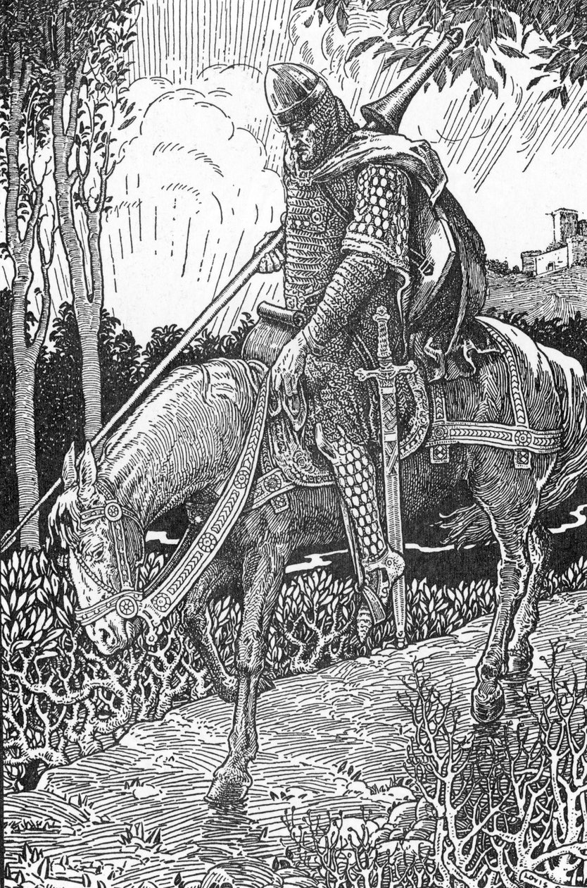 Mordred verwundet nach der Schlacht von Camlann gegen seinen Vater König Artus (Illustration von Louis Rhead aus „König Artus und seine Ritter“ 1923) von Louis John Rhead