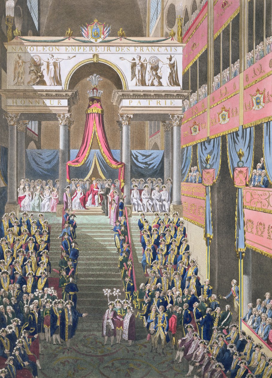 Heiliges Fest und Krönung ihrer Kaiserlichen Majestäten, Der Kaiser erklärt den Verfassungseid in der Kathedrale Notre Dame, veröffentlicht 1806 von Louis Le Coeur