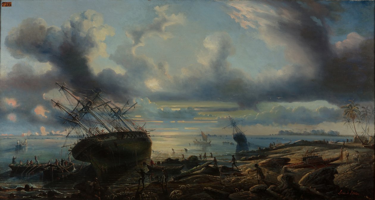 Das Auflaufen der Korvetten im Mauvais-Kanal, Straße von Torres von Louis Lebreton