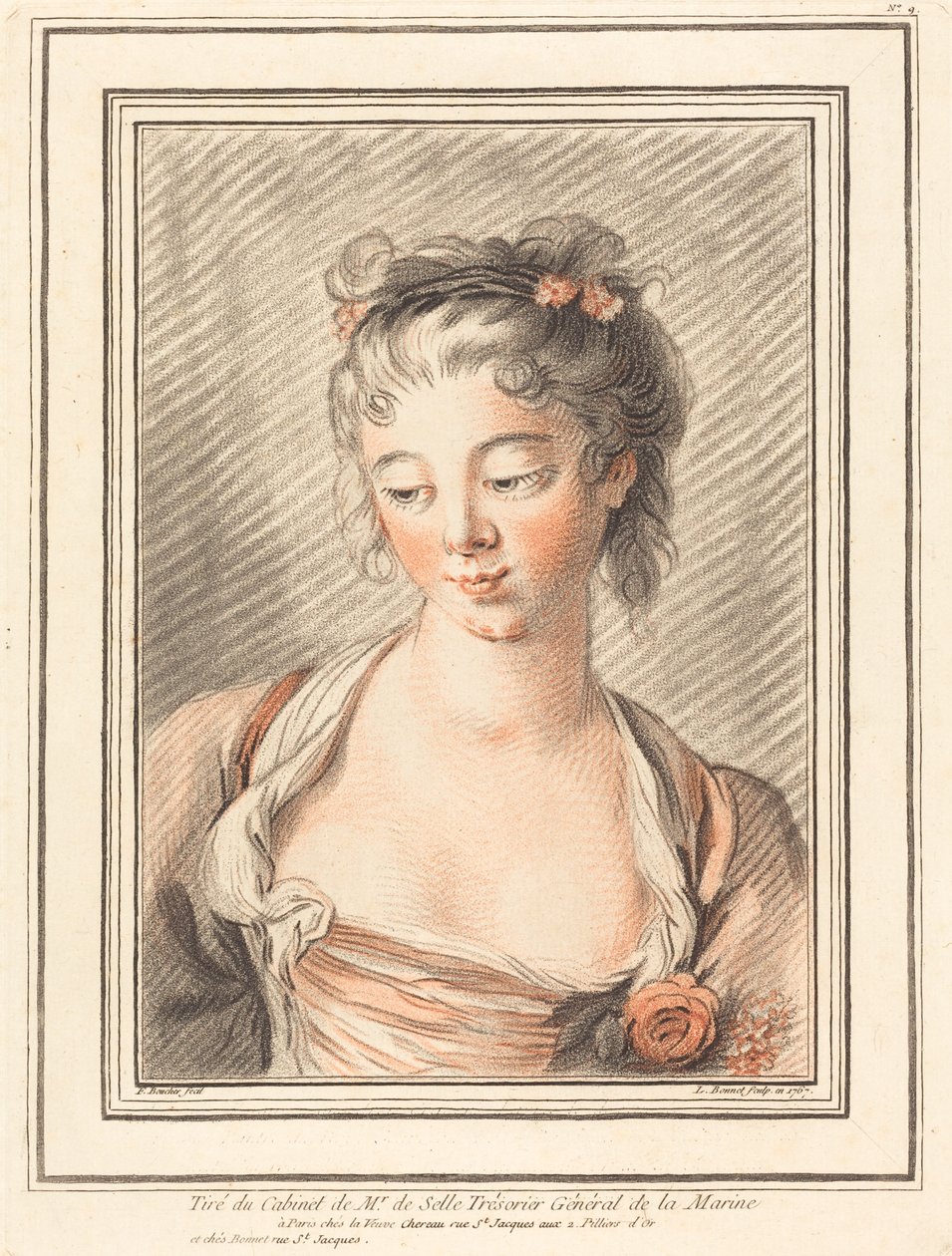 Büste einer jungen Frau, die nach unten schaut von Louis Marin Bonnet after François Boucher