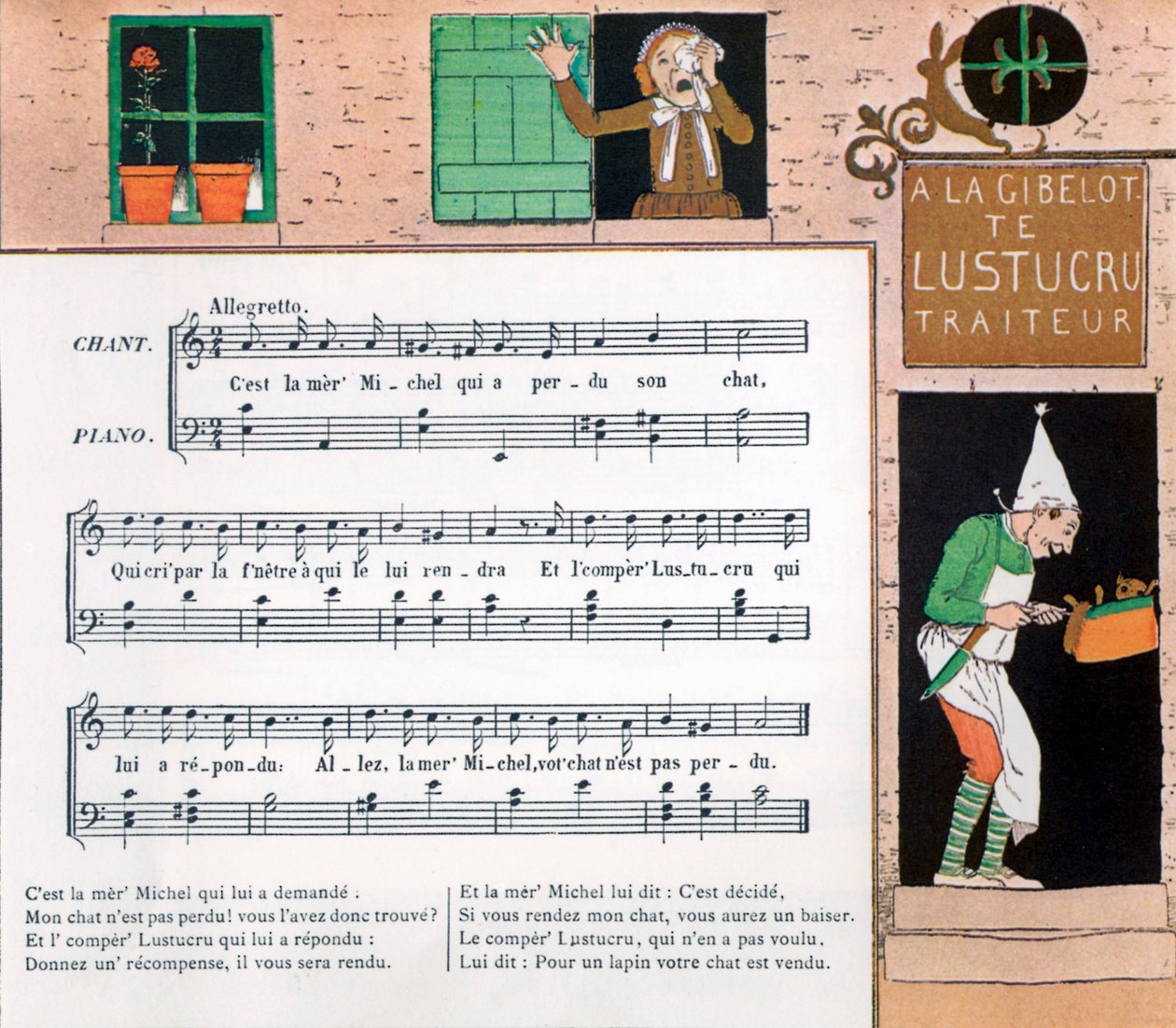 Partitur und Illustration des Kinderliedes La mere Michel von Louis Maurice Boutet de Monvel