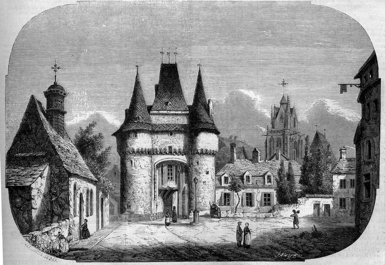 Architektur: Ansicht des Tores Saint Julien (1460-1483), im Hintergrund die gotische Kirche Notre Dame des Marais (1450-1623). La Ferte Bernard, Sarthe (72) von Louis Moullin