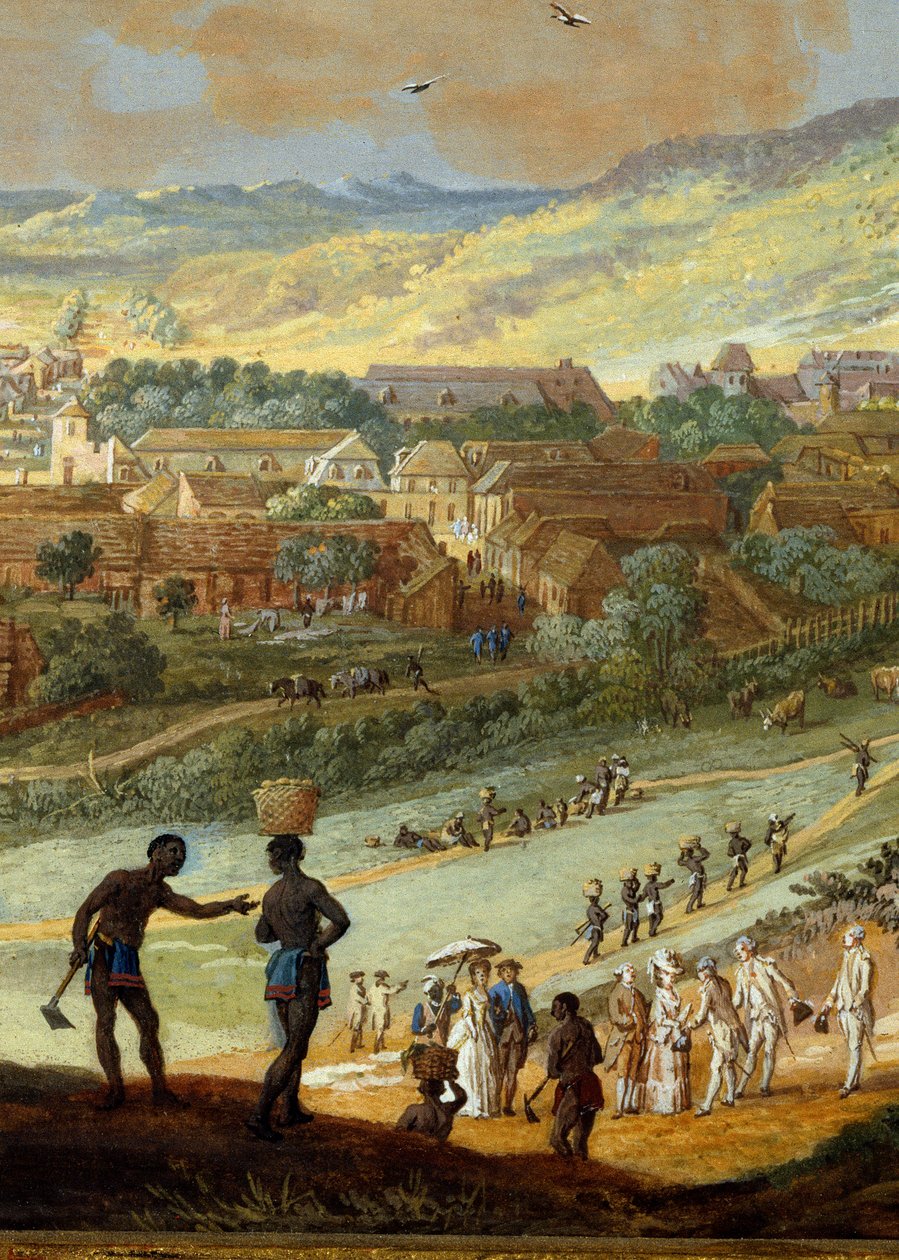 Detail: Ansicht der Stadt Cap-Français (Cap de la République) vom Hügel in Santo Domingo. Detail von Louis Nicolas van Blarenberghe
