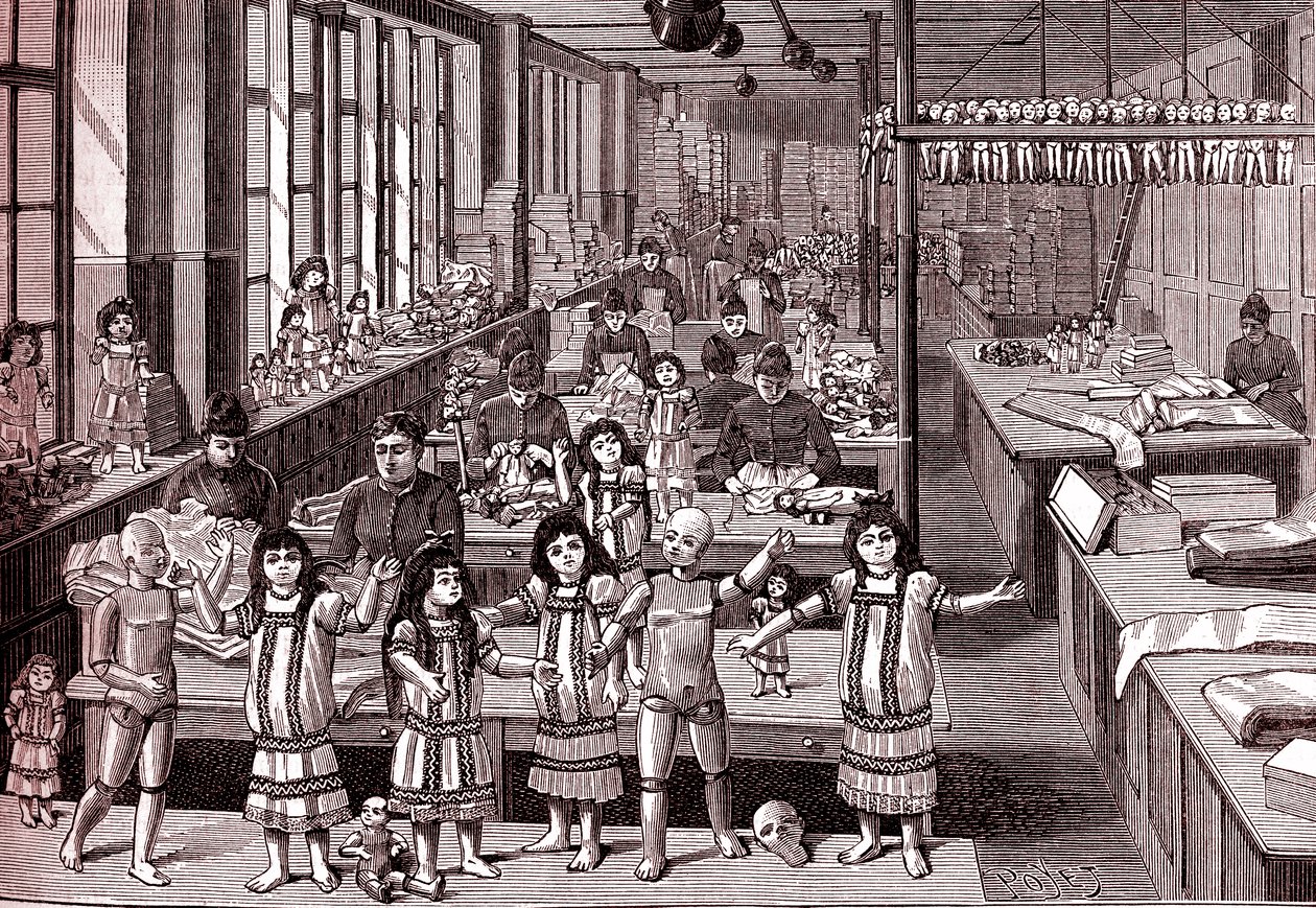 Puppenfabrik, Versandraum, aus "La Nature" von Louis Poyet