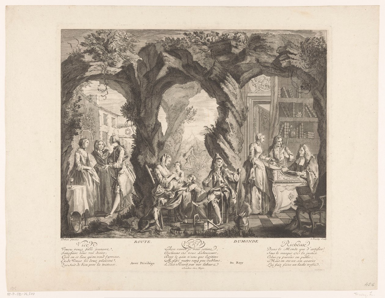 Landschaft mit drei Szenen, in denen eine junge Frau ein Medaillon kauft, trägt und verkauft von Louis Truchy