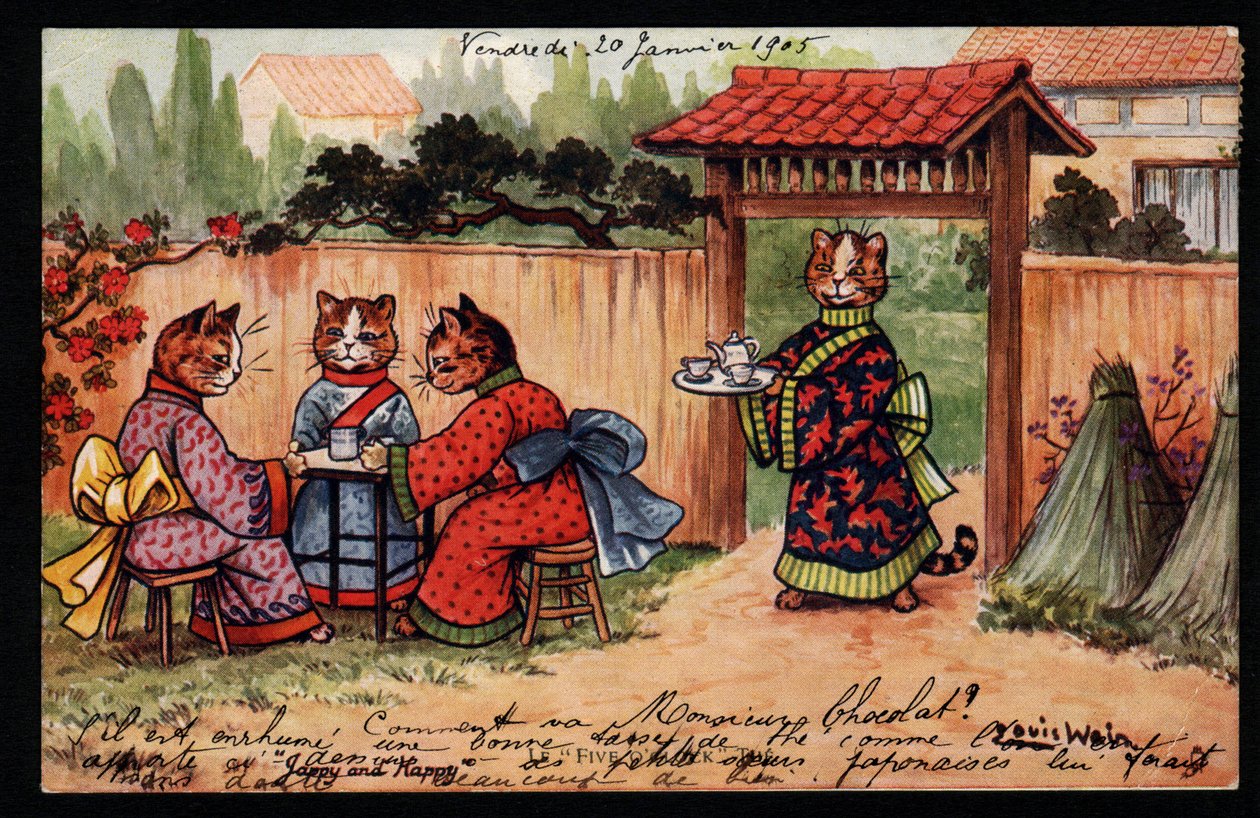Tiere in menschlicher Haltung. Katze im Kimono trinkt Tee in einem japanischen Garten. Postkarte. Chromolithographie von Louis Wain (1860-1939), englischer Künstler, bekannt für seine Darstellung von Katzen mit großen Augen. Anfang des 20. Jahrhunderts. Sa von Louis Wain