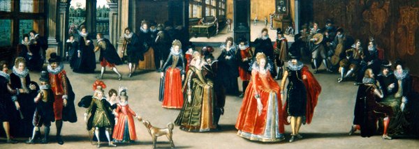 Elegante Figuren tanzen in einem Innenraum von Louis de Caullery