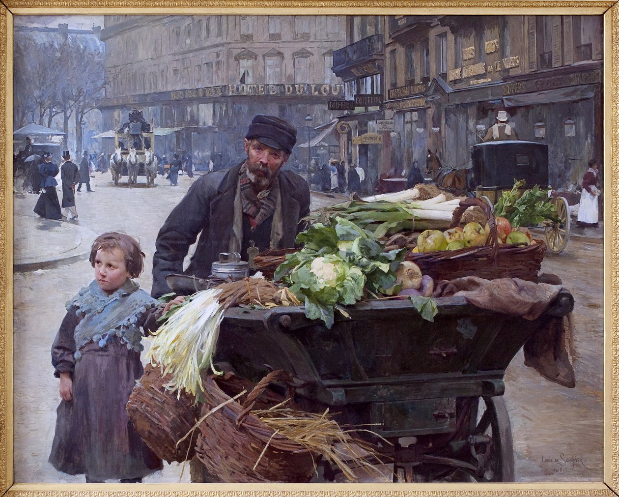 Der Händler der vier Jahreszeiten in Paris. Hinter ihm das Hotel du Louvre (1. Arrondissement). Gemälde von Louis Marie de Schryver (1862-1942) von Louis de Schryver