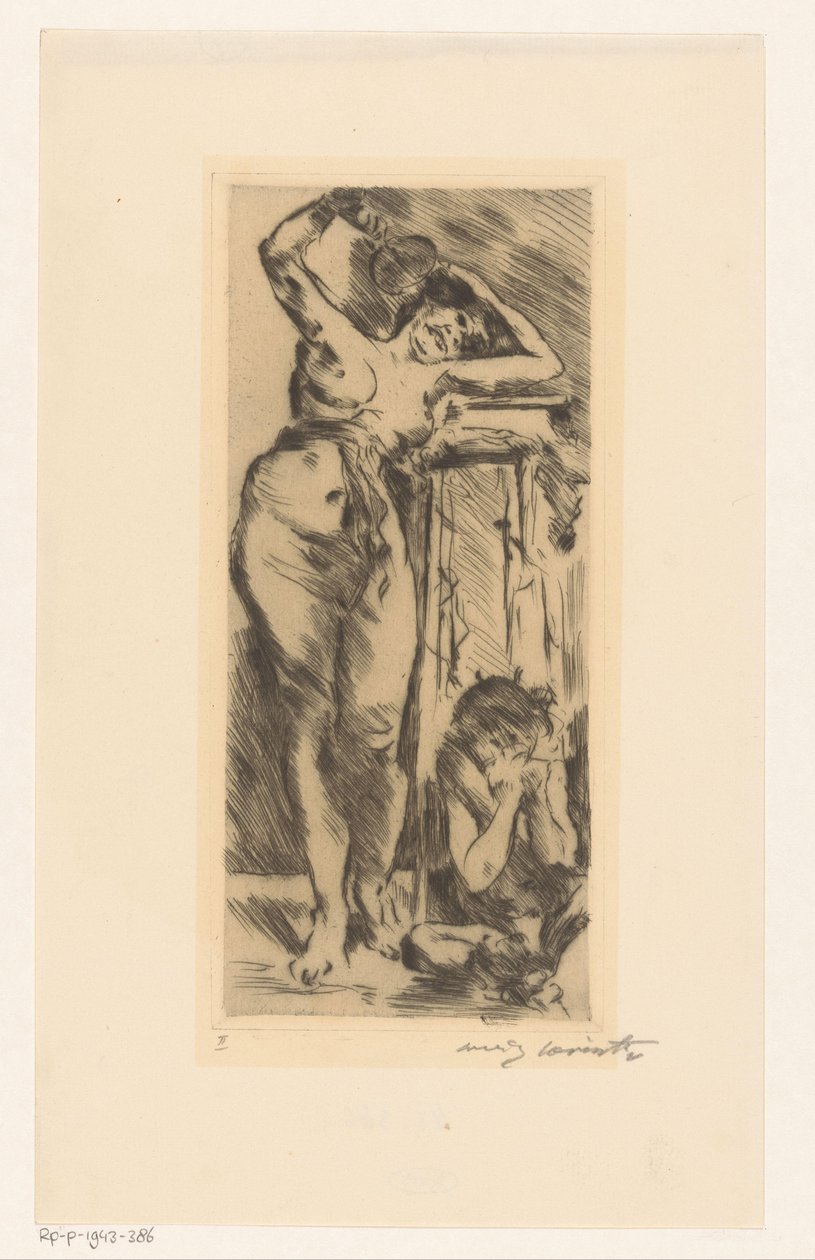 Weiblicher Akt mit Fächer in der Hand und rechts von ihr eine zusammengekauerte Figur von Lovis Corinth (signed by artist)