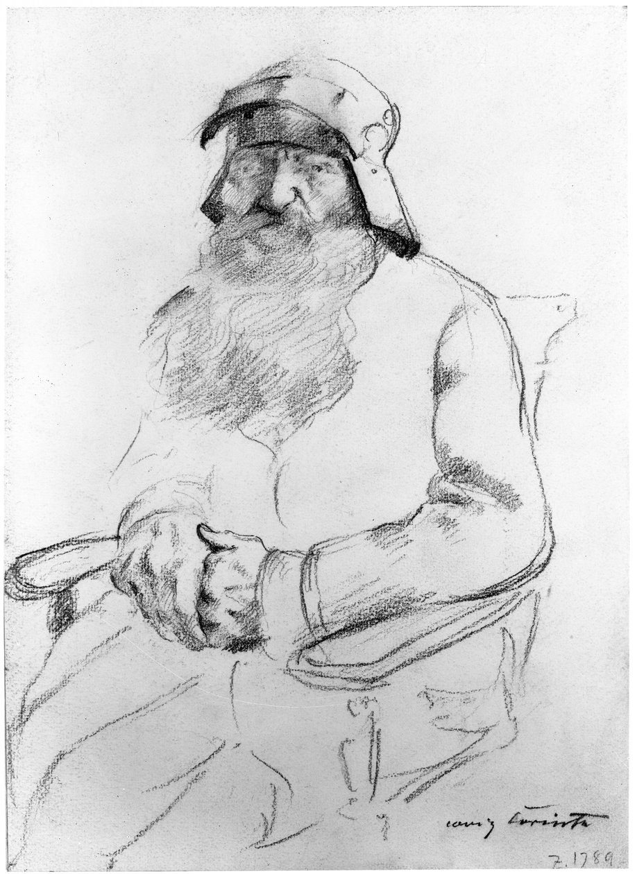 Sitzender bärtiger alter Mann mit einem Helm des 16. Jahrhunderts, von vorn (Studie zum Götz von Berlichingen) von Lovis Corinth